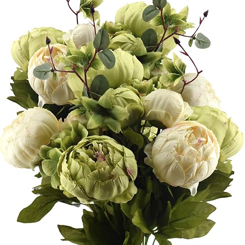 FiveSeasonStuff Artificial Peony Bouquets, 2 Cream Beige & Moss Green