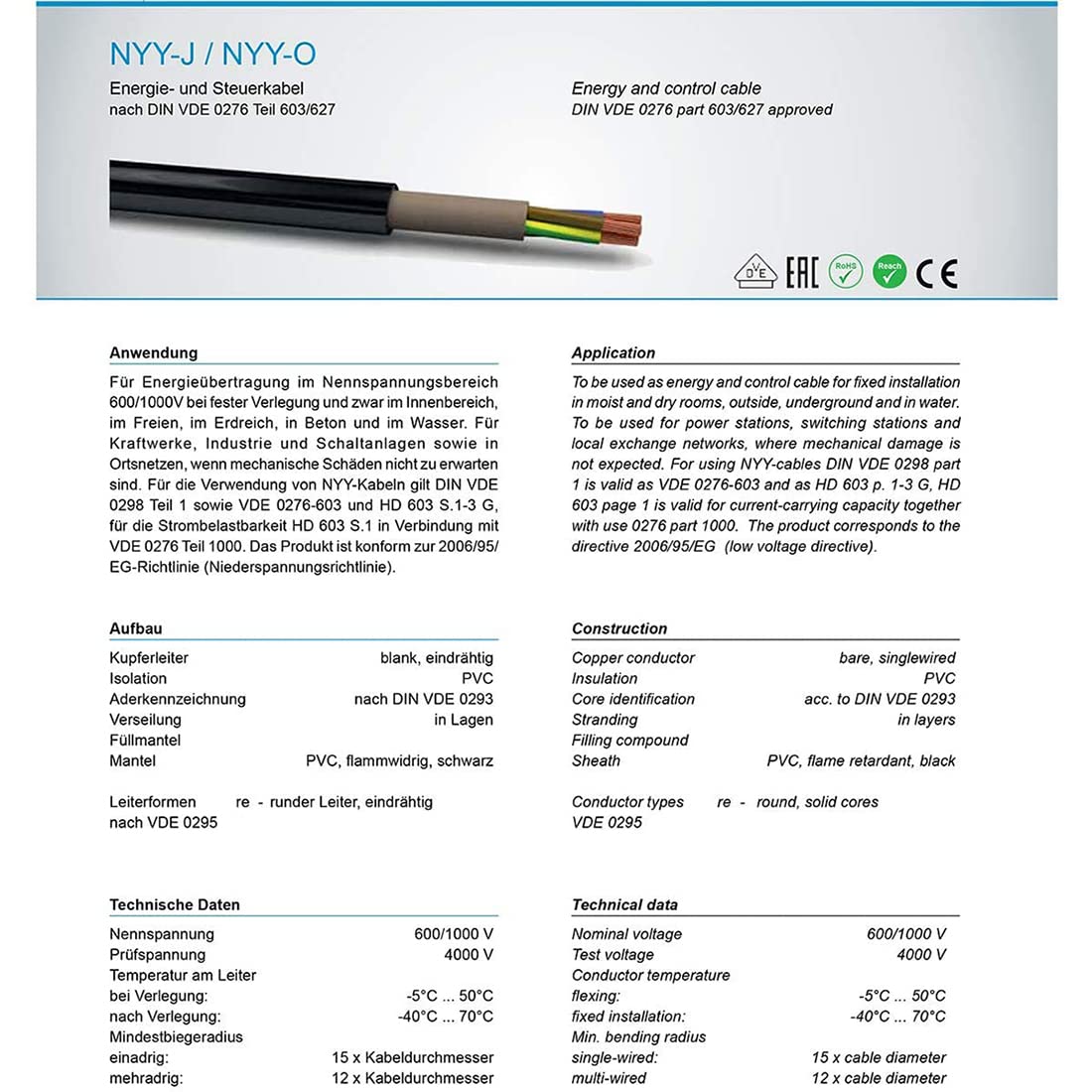 NYY-J 3x1,5 mm² 10m Erdkabel Starkstromkabel in Beton Erdreich nach DIN VDE 0276 M40