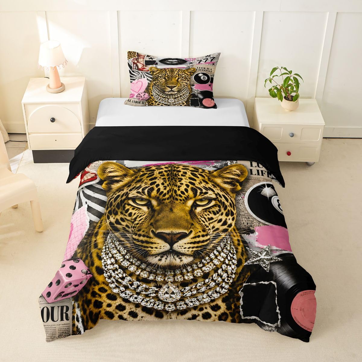 jejeloiu Lucky 8 Ball Duvet Cover Toddler Size High Heel Shoes Bedding Set Breathable Soft Leopard Print Comforter Cover 2Pcs Pink Bedroom Decor No Comforter Microfiber Zipper Closure