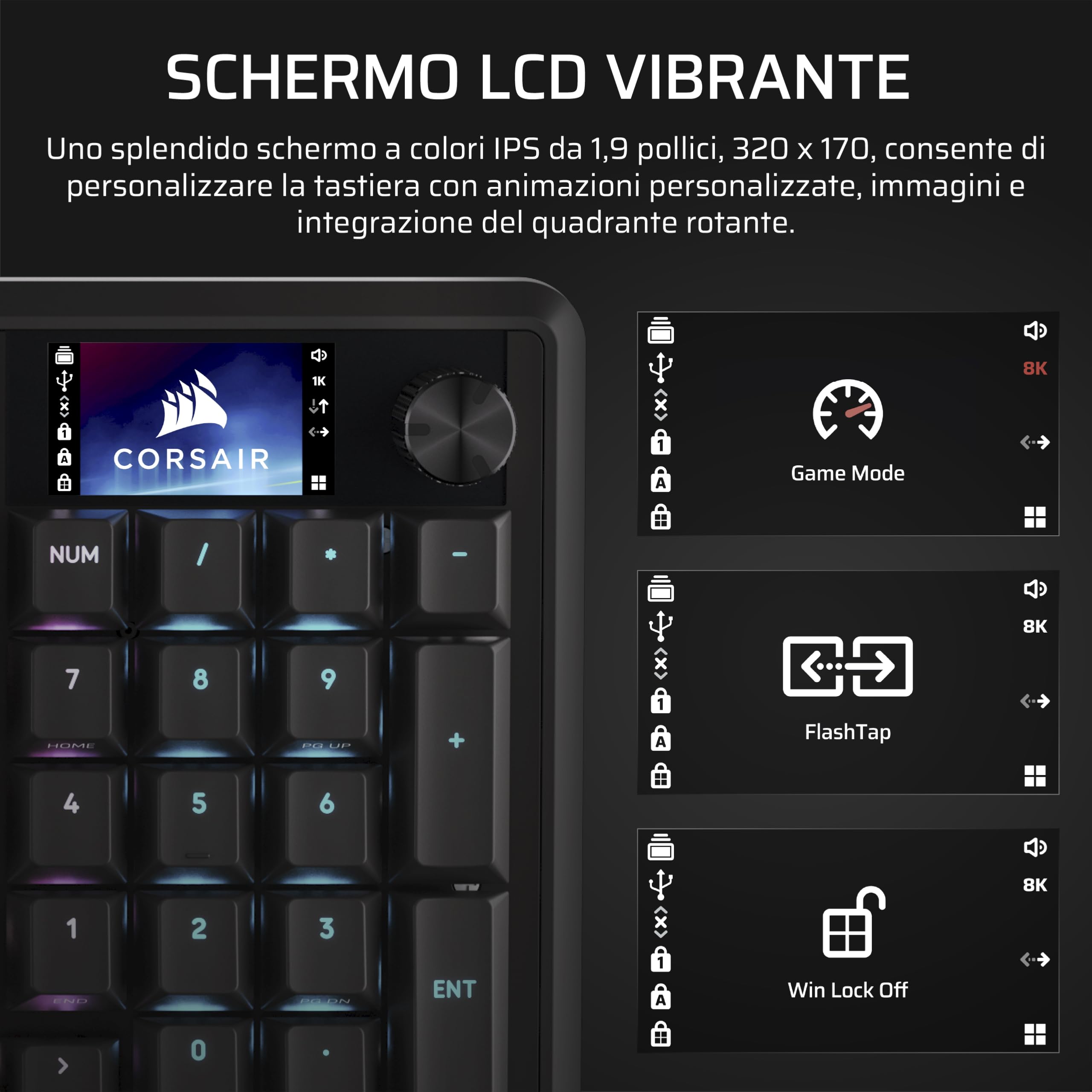 CORSAIR VANGUARD 96 Tastiera Meccanica da Gioco con Cavo – Nero | Layout al 96%, interruttori lineari MLX Plasma, polling a 8000 Hz, display LCD, Virtual Stream Deck, SOCD Flashtap, QWERTY IT
