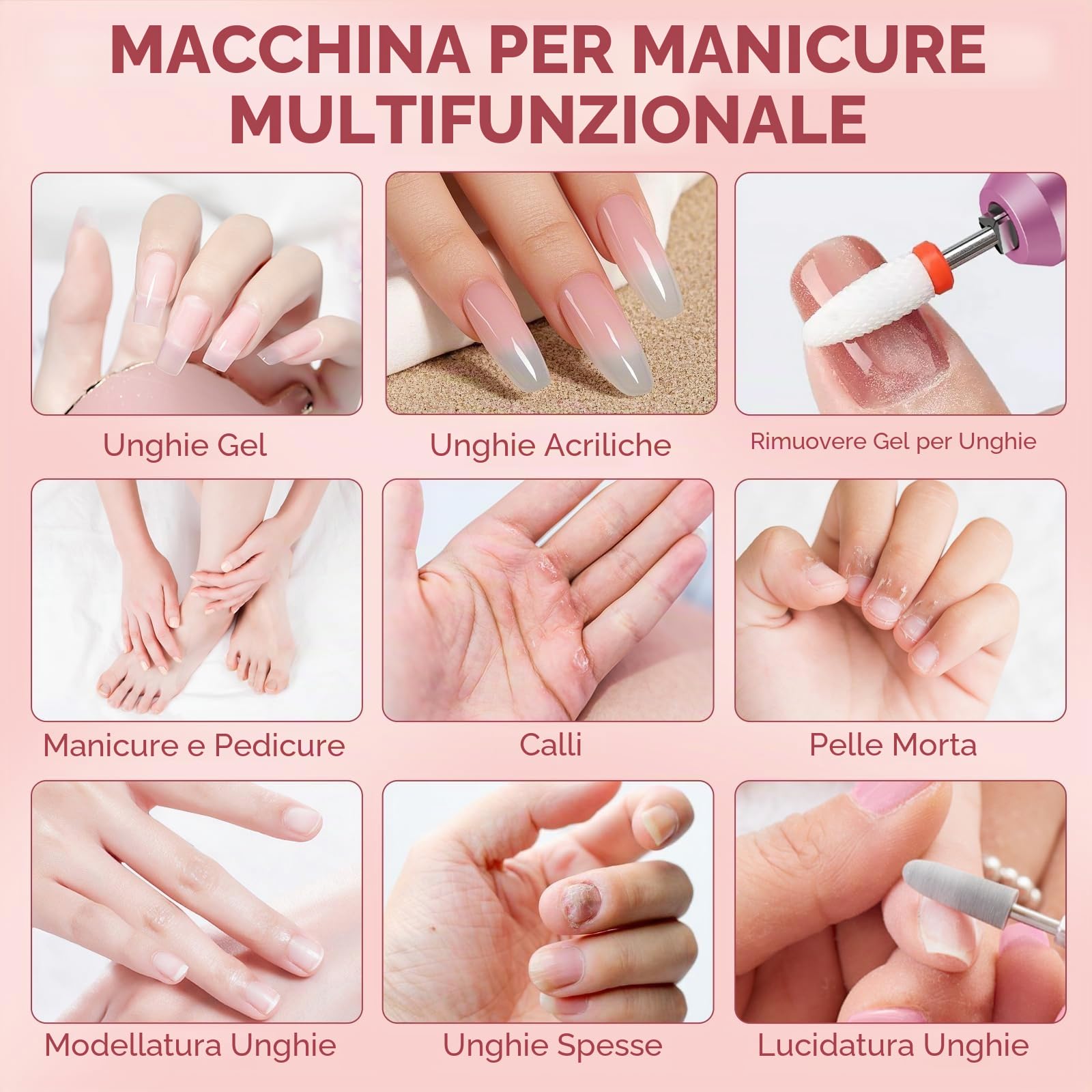 Fresa per unghie in gel, fresa elettrica professionale 40000U/M, fresa per manicure e pedicure, set fresa per unghie per diverse esigenze di manicure e pedicure, non ricaricabile (rosa)