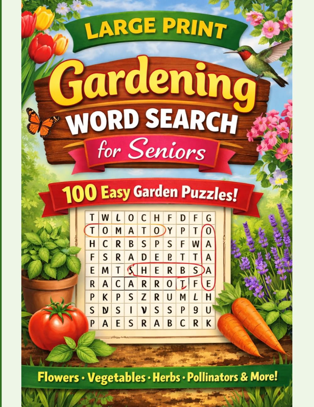 Large Print Gardening Word Search for Seniors: 100 Easy Spring & Summer Puzzles with Flowers, Vegetables, Herbs, Pollinators, and Relaxing Garden Themes