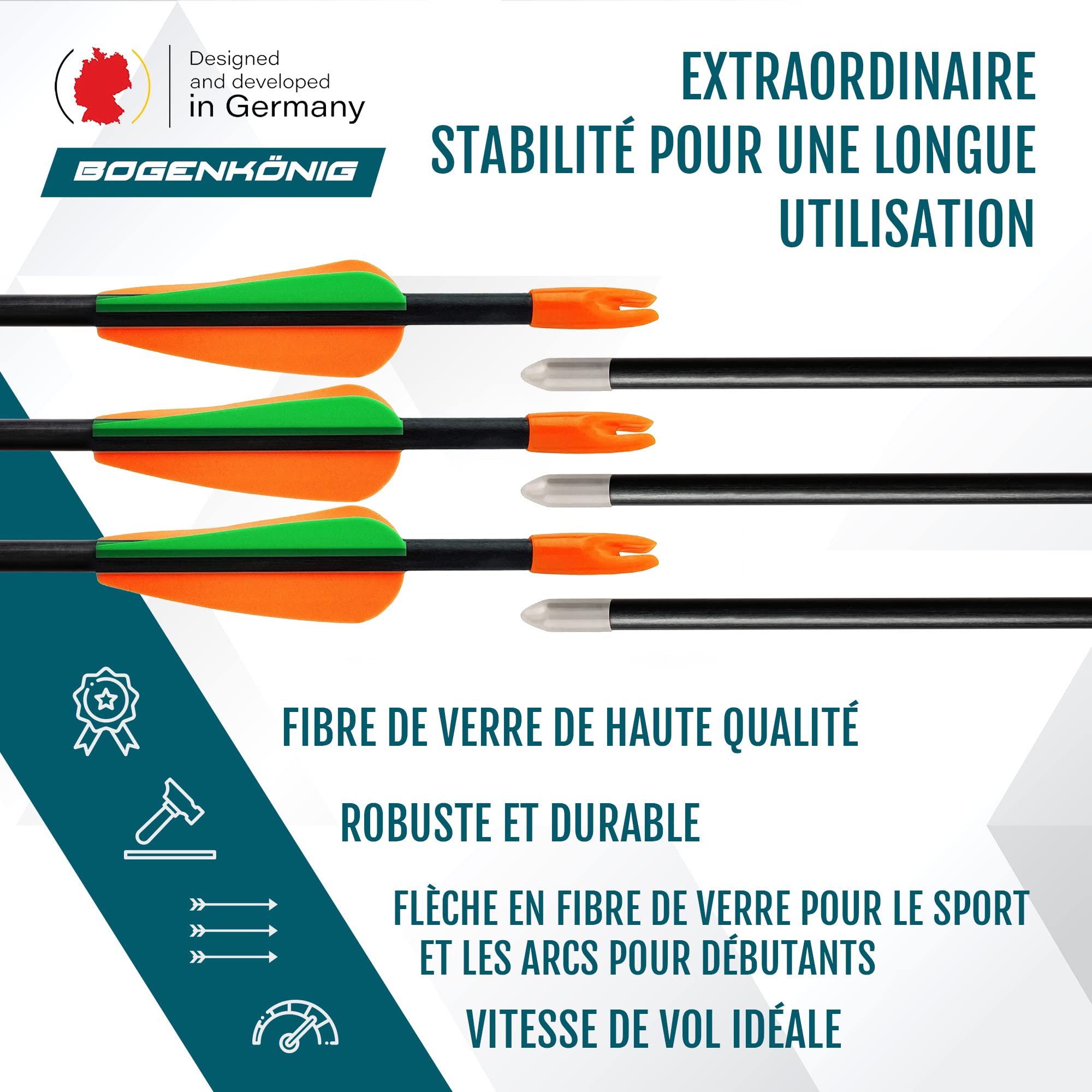 Flèches de Tir à l'arc | Lot de 5 | Flèches d'arc en Fibre de Verre avec Pointe en Métal pour Débutants et Avancés | 28 Pouces