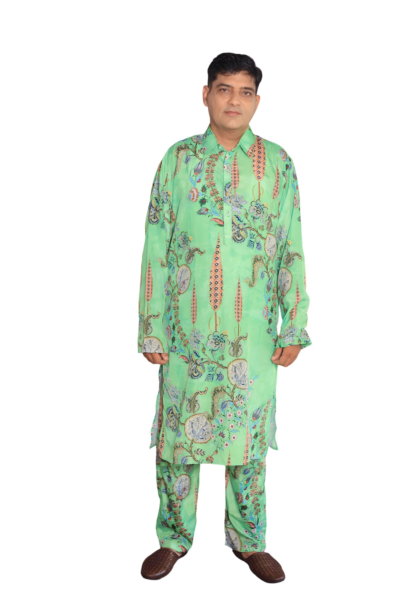 ravi rajoria Men Long Leaf Print Crepe Kurta Set Free Size | Printed Nightwear307 Multicolour-picture-17