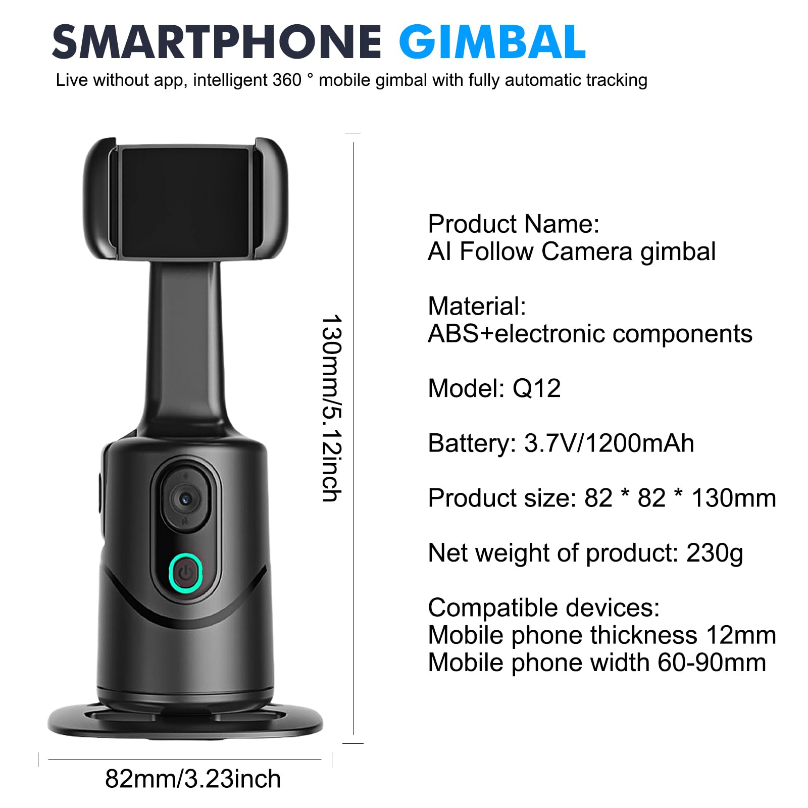 Gimbal per cellulare, con riconoscimento automatico del viso e tracciamento a 360 gradi, treppiedi per smartphone con telecomando, controllo gestuale, per Vlog TikTok Live Video Registrazione Gimbal