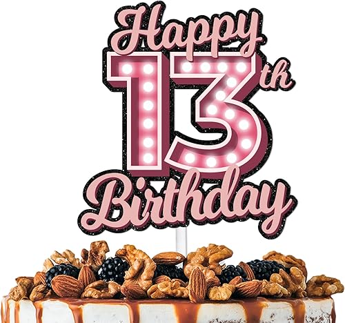 Decoración para pastel de cumpleaños número 13 con purpurina rosa Let's Glow Crazy Party Theme Decor Supplies Boys Girls Happy Birthday 13