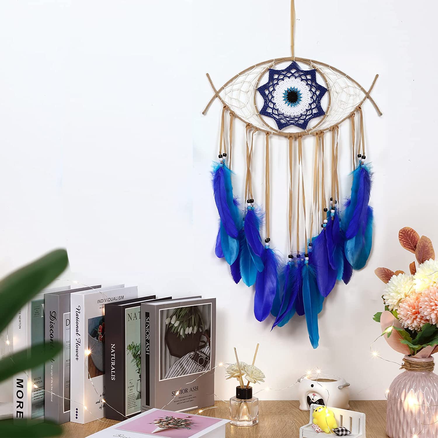 1 Carillon Di Vento Con Piume Blu Intrecciate A Mano, Acchiappasogni, Regalo Creativo In Stile Americano, Ideale Per La Decorazione Di Interni E L'ornamento Dell'auto | SHEIN ALIA