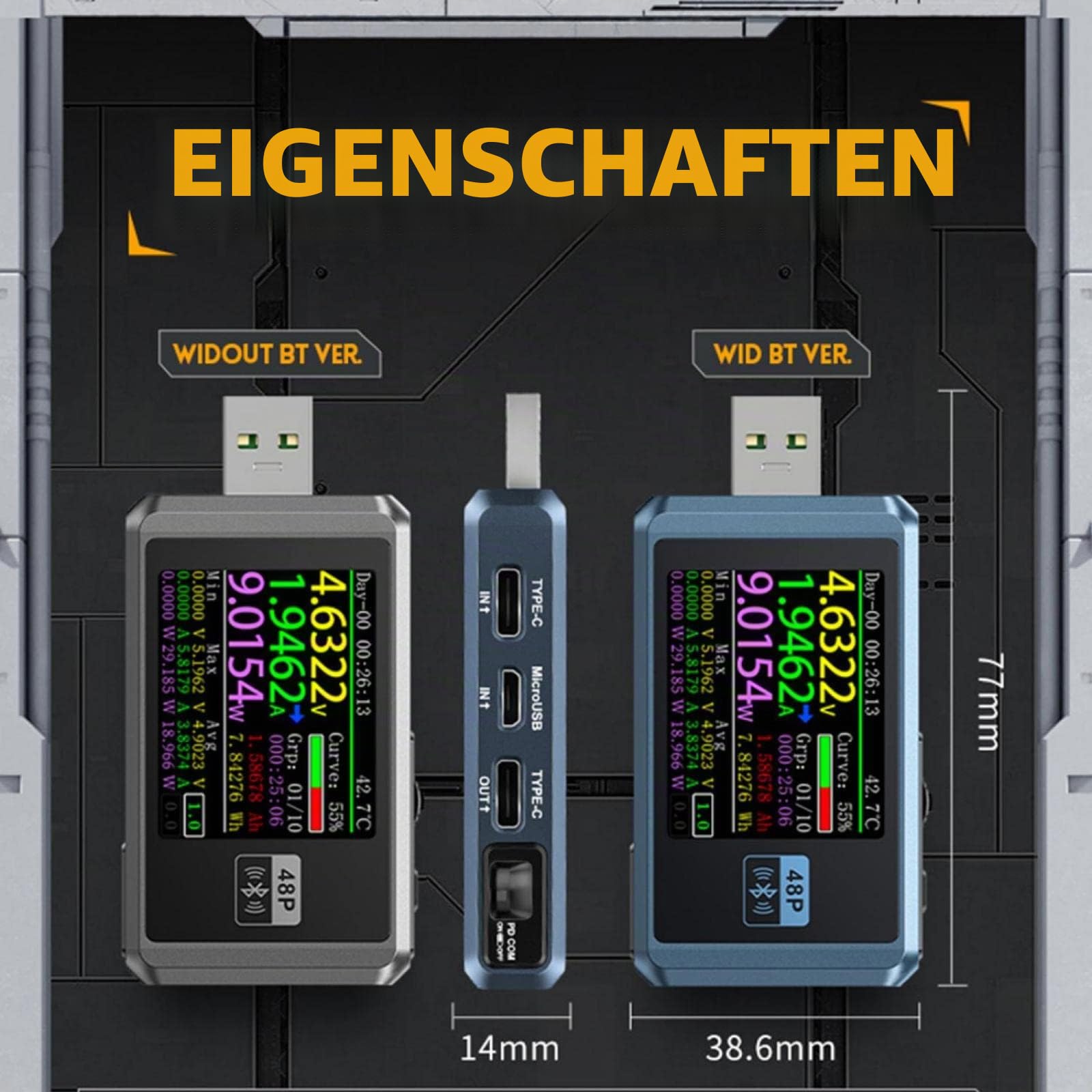 USB Tester Messgerät, USB Spannungsprüfer, USB-A/Micro-USB/Type-C Strommessgerät, PD Amperemeter Messgerät Digital Power Meter Farbe Display Spannung Strom Multi-function, Silber ohne Bluetooth