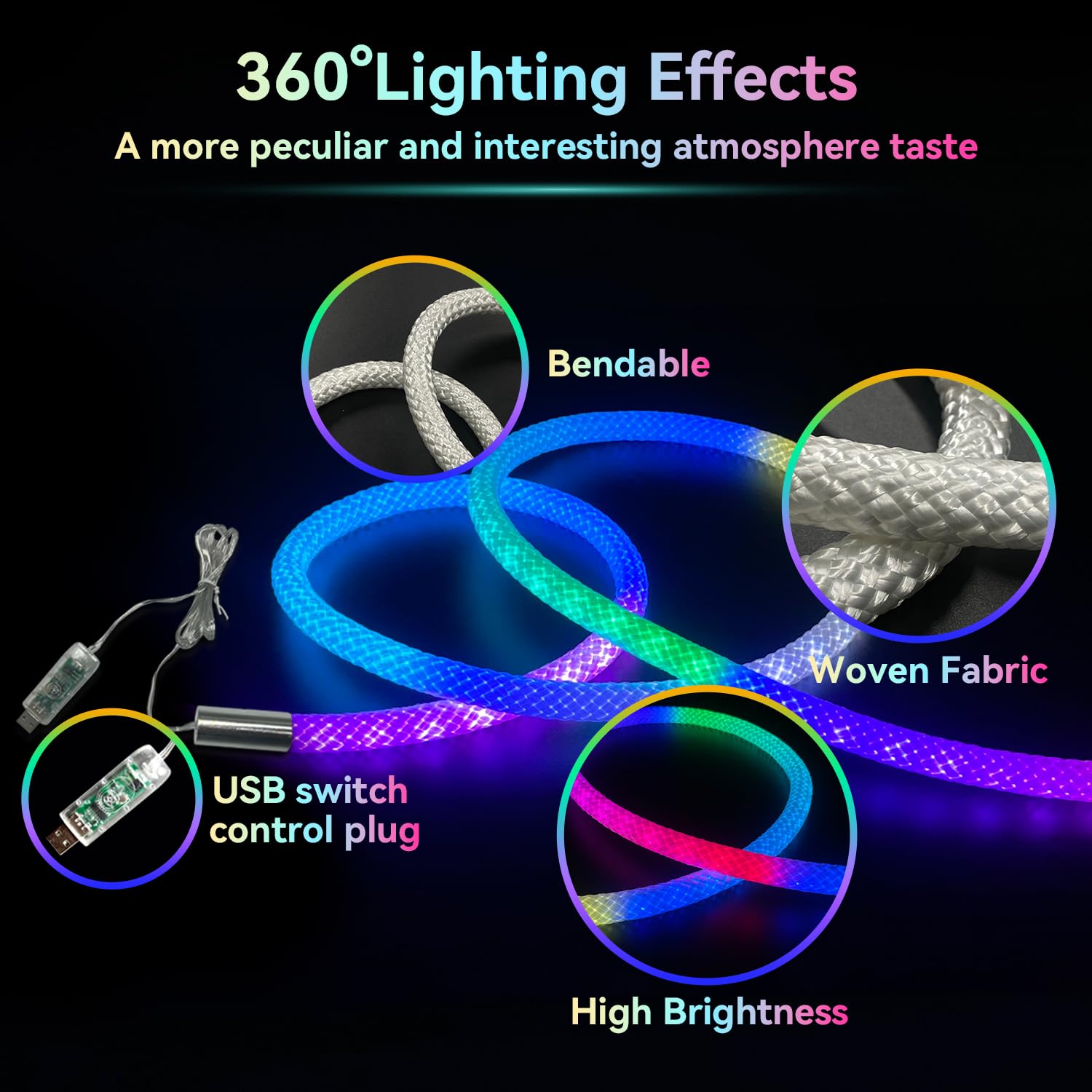 Tira de luces LED de neón de 10 pies, tira de sincronización de música impermeable con control remoto y aplicación, iluminación flexible alimentada por USB para decoración de Navidad, Halloween, sala
