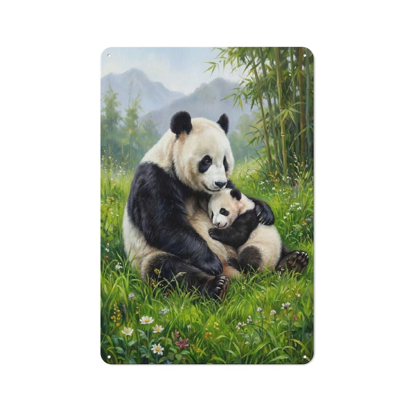 Junmoney Style-17 Panda Mother And Cub Painting Vintage Metal Wall Decor 30X20cm, Vintage Metal Sign For Cafe, Bistro, Bakery Or Restaurant