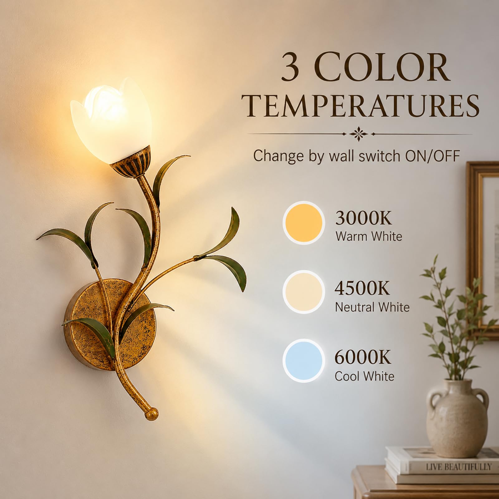 Vintage Blumen-Wandleuchte E14 inkl. 12W LED, Wandlampe aus Glas und Eisen, 3 Lichtfarben 3000K/4500K/6000K, kupferfarben für Schlafzimmer Wohnzimmer Flur,Left | 1