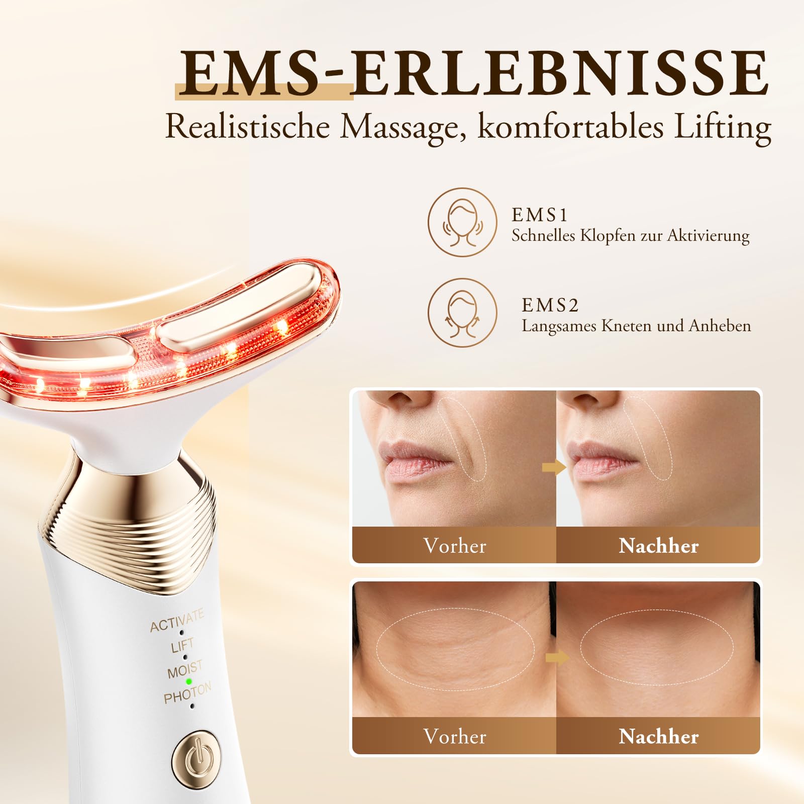 24K Gold Gesichtsmassagegerät – ANLAN 5-in-1 EMS Gua Sha Gerät mit 5-farbiger Lichttherapie, 42 ± 3 °C Wärmefunktion, Ionen-Einführung & Vibration (3-stufig einstellbar), Typ-C, 120 Min. Laufzeit