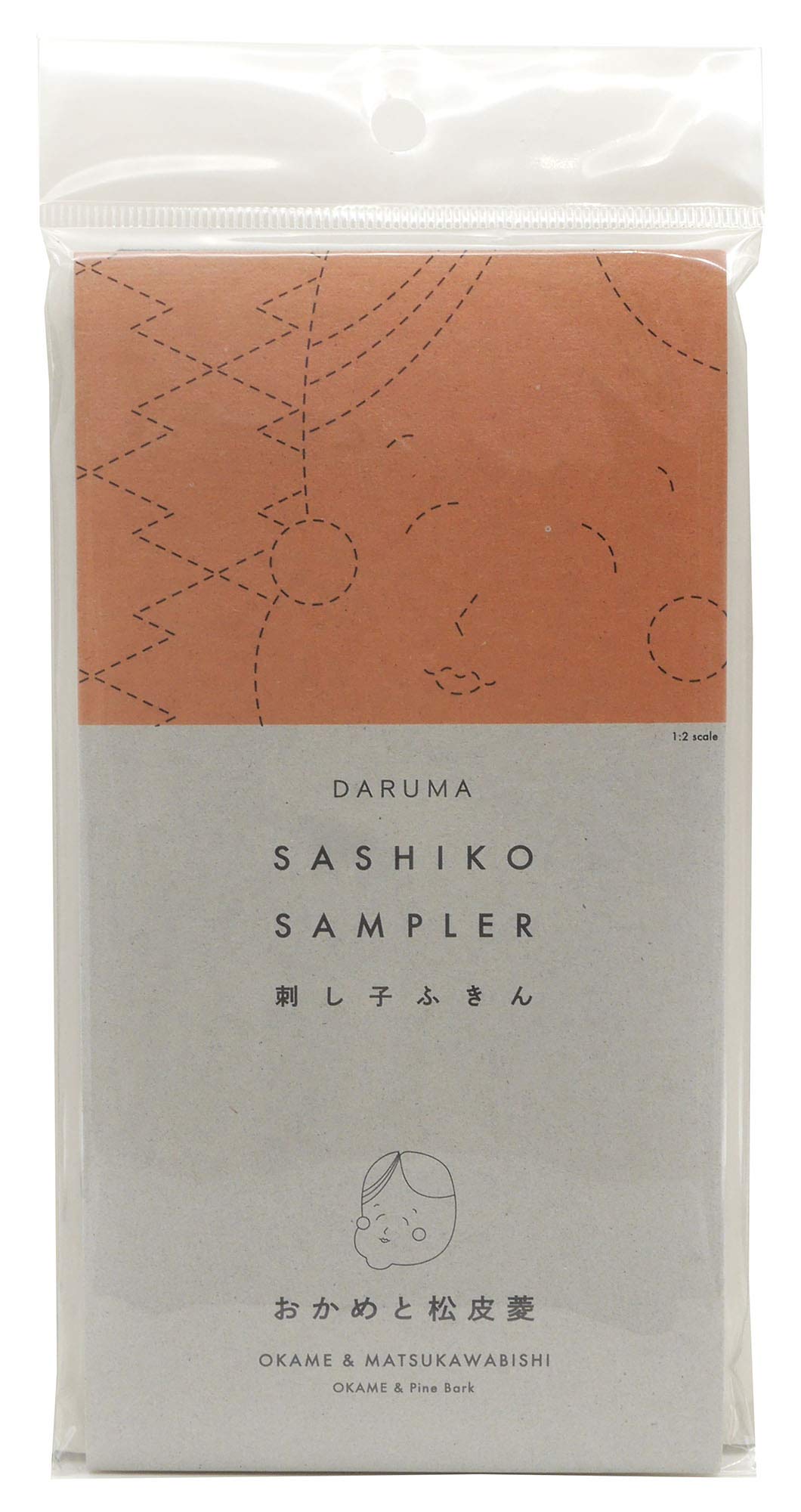 Yokota Daruma Sashiko Cloth - Pre-Printed Sampler With English Instruction Inside (Navy OKAME) - White Fabric