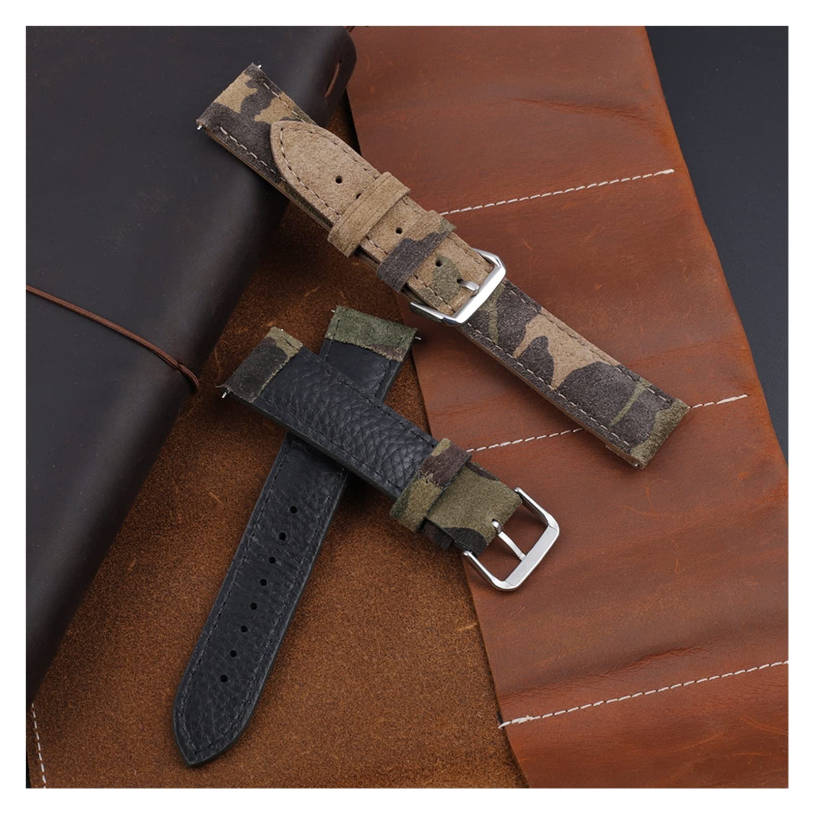 Bracelet Montre Camouflage Toile + Cuir 20mm 22mm - Bande Militaire Pour Hommes, Accessoire Robuste