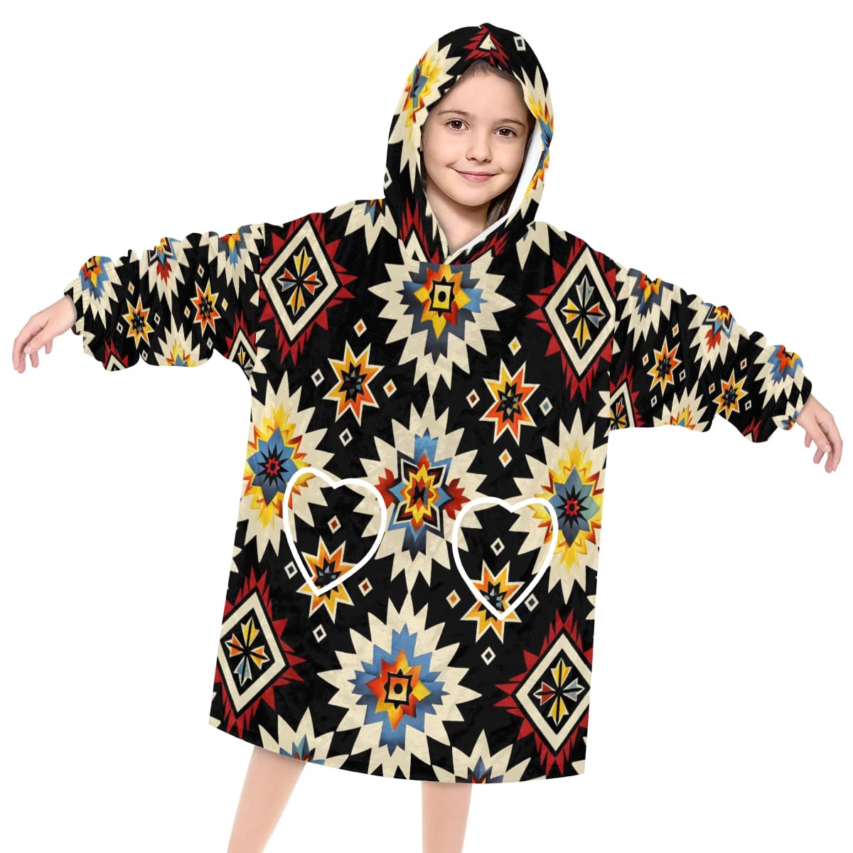 Wearable Blanket Hoodie for Kids, Glittering Aztec Fleece Sweatshirt Blanket Oversized Blanket Sweatshirt with Pocket Flannel Warm Hooded Blanket 6-10 Year Old Girl Boy Gift, One Size