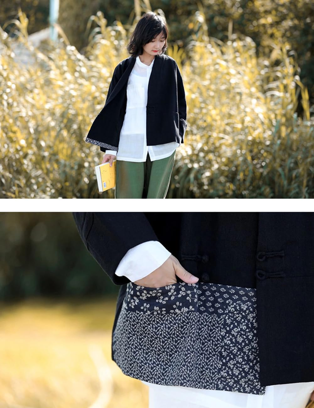 NFYM Chaqueta tipo kimono ligera para mujer, diseño de retazos, parte delantera abierta, con botones de rana, acolchado y forro de dos estilos