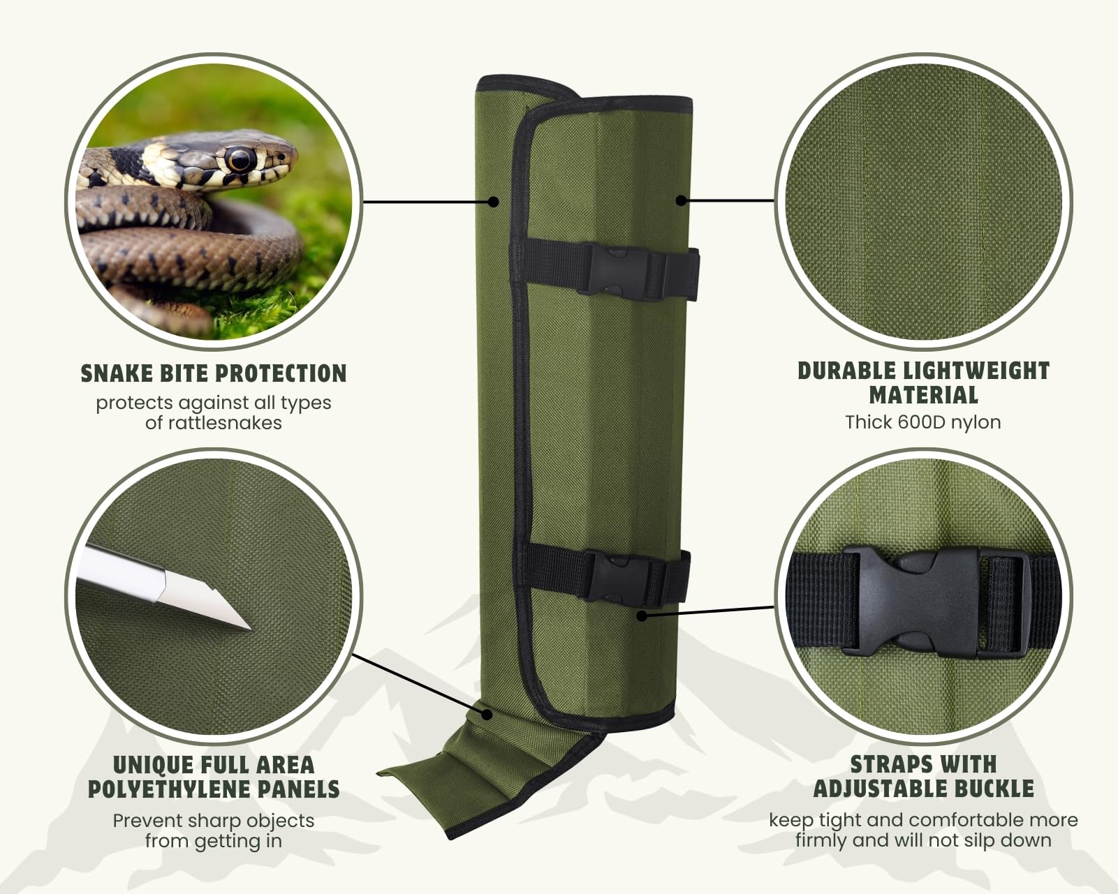 Guêtres serpent pour homme - Bottes de randonnée réglables et résistantes aux serpents - Guêtres imperméables - Protection extérieure