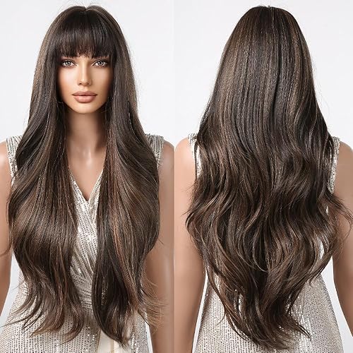 Miniatura 5 de Allbell Pelucas de onda larga marrón para mujer, mezcla de cabello rubio ondulado, peluca natural, pelucas sintéticas con flequillo