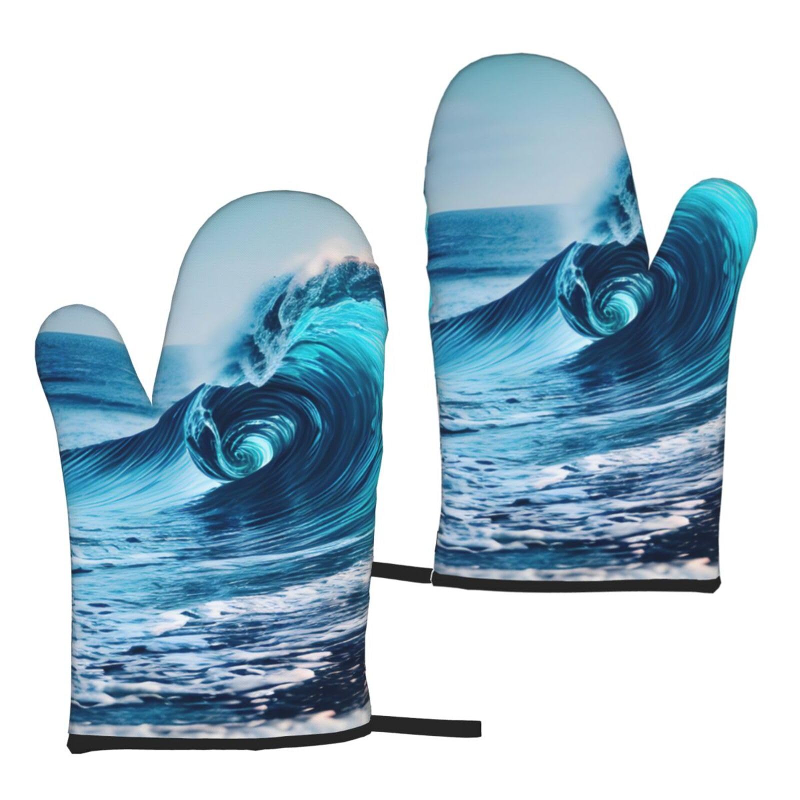 Ocean Sea Wave Print Heat Resistant Universal Fit Oven Microwave Gloves Home Cooking Baking Grilling