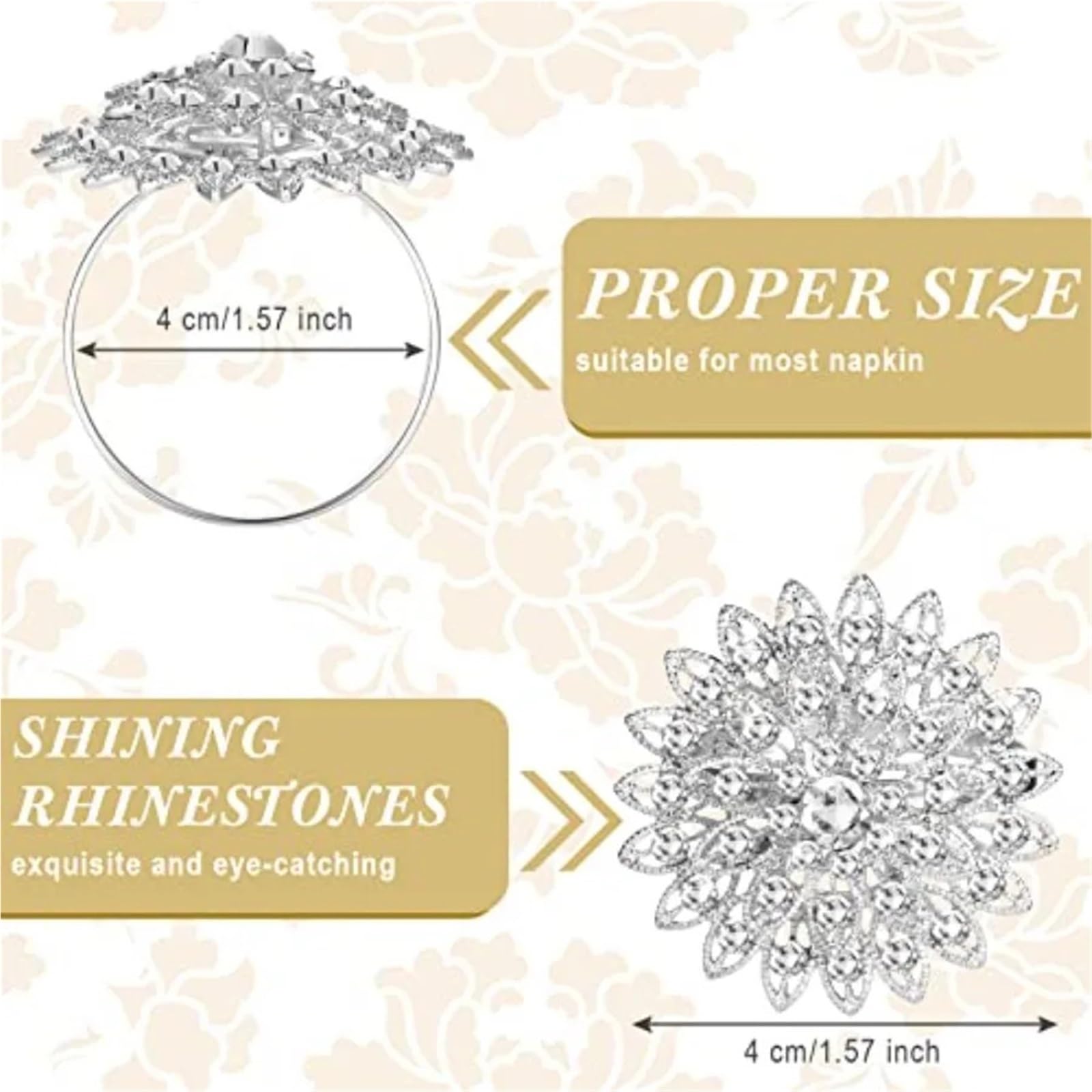 Lot de 12 Ronds Serviette argentés en Forme Fleur, ornés Cristaux et Strass, Parfaits for Un Mariage ou Anniversaire pour DéCoration Table