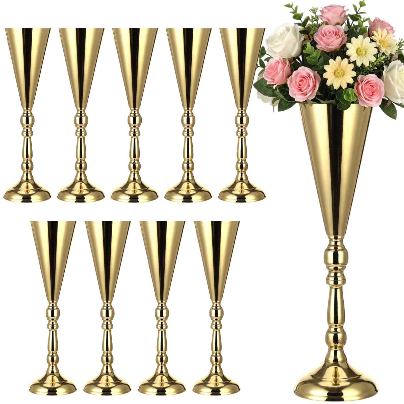 10 Pcs Golden Tall Vases Wedding Centerpieces, Metal Trumpet Pedestal Flower Vases with Golden Finish, Elegant Tabletop Floral Stands for Party Event Banquet Home Decor