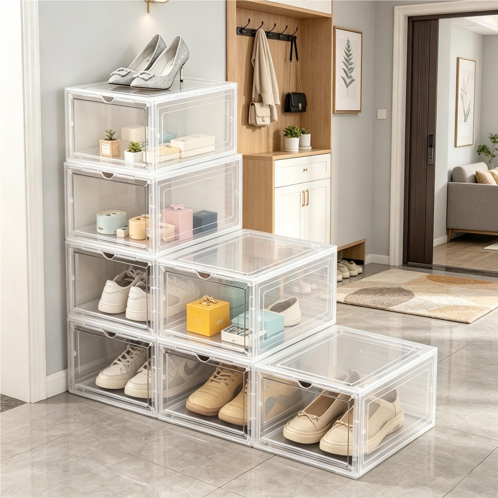 TYNGBT Upgraded Stackable Shoe Storage Boxes, Transparent Front-Opening Shoe Organizer, Extra-Large Clear Shoe Boxes for Sneakers Display