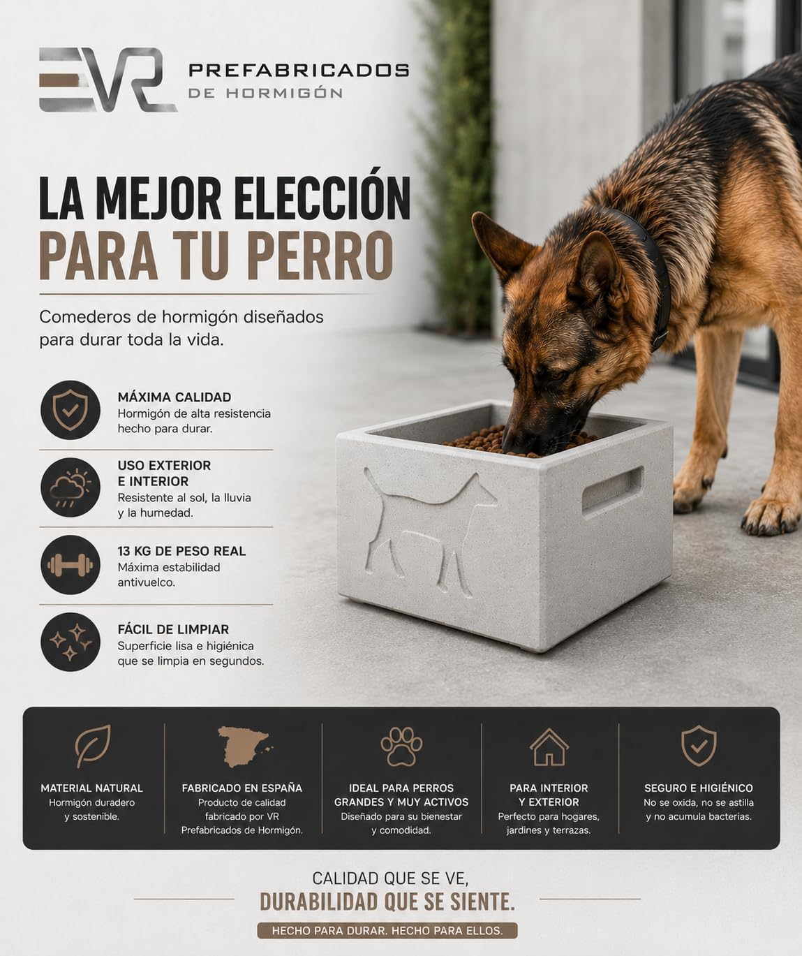 VR Prefabricados Comedero de Hormigón Antivuelco para Perros – 13 kg Peso Real – Antimordeduras y Ultra Resistente – Uso Exterior – Acabado Artesanal – Fabricado en España