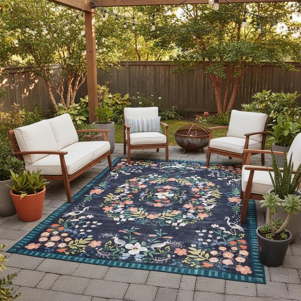 Boho Floral Waterproof Outdoor Rug for Patio Balcony Deck Garden Washable Non Slip Porch Camping Outside Area Rug Vintage Stain Resistant Hallway Pool Camping Large Carpet Navy Blue 5x8