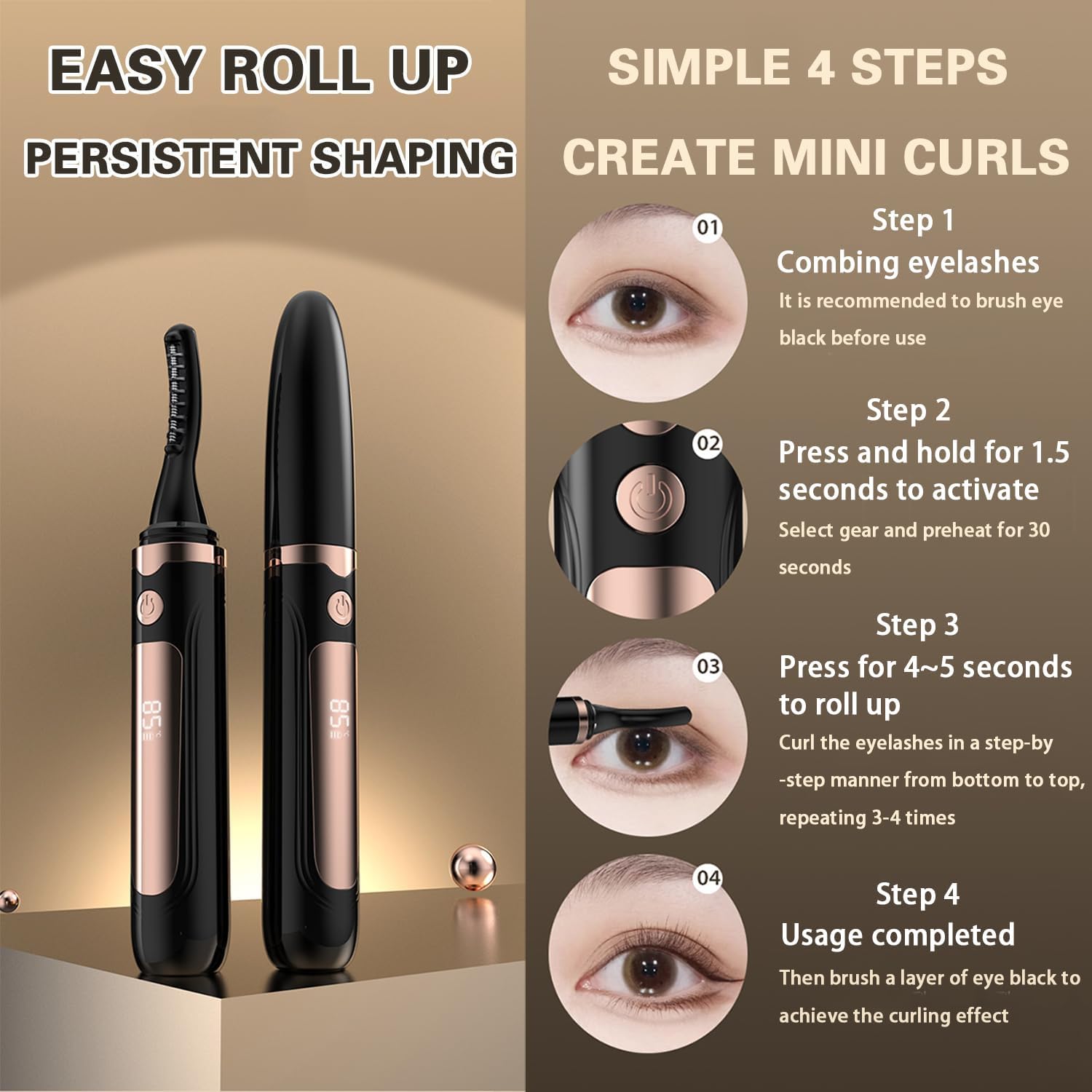 Heated Eyelash Curlers Fast Heat up Within 10s Rechargeable Electric Eyelash Curler withMini Lash Curler with LED Display-Black-3 - Image 5