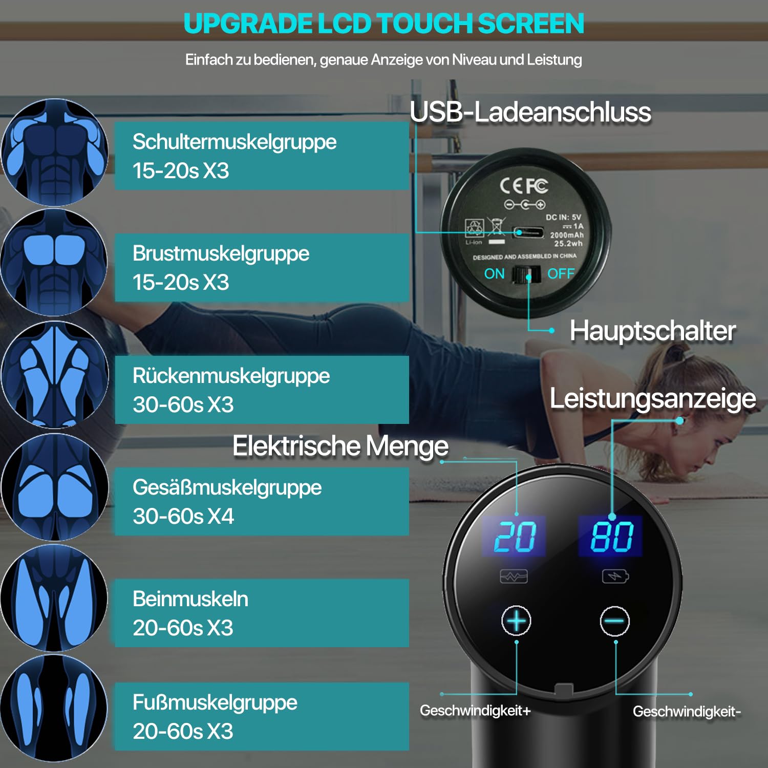 Massagepistole, tiefes Gewebe, Percussion-Rückenmassagegerät für Sportler, Muskelmassagepistole zur Schmerzlinderung, mit 8 Massageköpfen und 20 Geschwindigkeiten (mattschwarz)