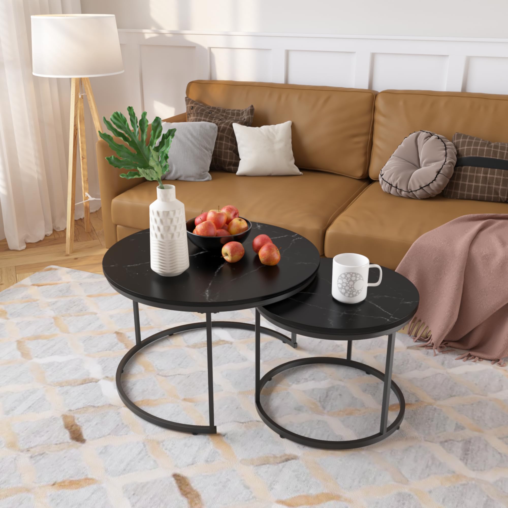 Nesting Coffee Table Set of 2, 27.6inch Round Coffee Table Wood Marble Pattern Top with Sturdy Metal Frame, End Table Side Tables for Living Room Bedroom Balcony Yard (Black),CFT2601