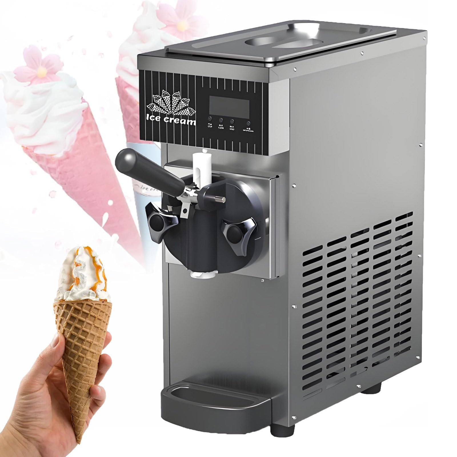 Nyans Grey Single Flavor Commercial Ice Cream Machine, Commercial Soft Serve Ice Cream Maker, Lcd Panel, Auto Clean, Countertop Dessert Maker For Restaurants And Shops​ 450W