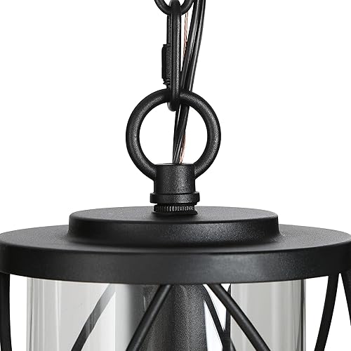 Miniatura 6 de Lámpara colgante al aire libre para porche, luces colgantes negras para exteriores, lámpara colgante exterior de granja con jaula de metal, pantalla