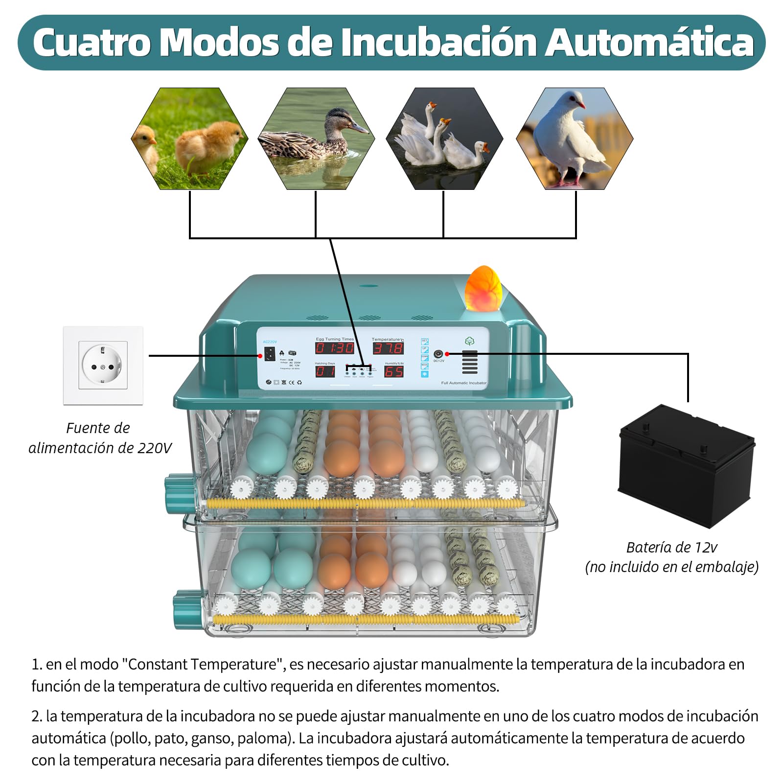 Incubadora Huevos Gallina, Incubadora de 120 Huevos, Incubadora Automática con Monitoreo de Humedad, Volteo Automático de Huevos y Lámparas de Huevo