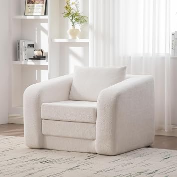 40" Convertible Single Sofa Bed, Folding Sleeper Chair with Pull Out Mattress, Foldable Accent Chair with Pillow, Comfy Boneless Lounge Couch Bed for Living Room, Bedroom, Dorm, Ivory Chenille
