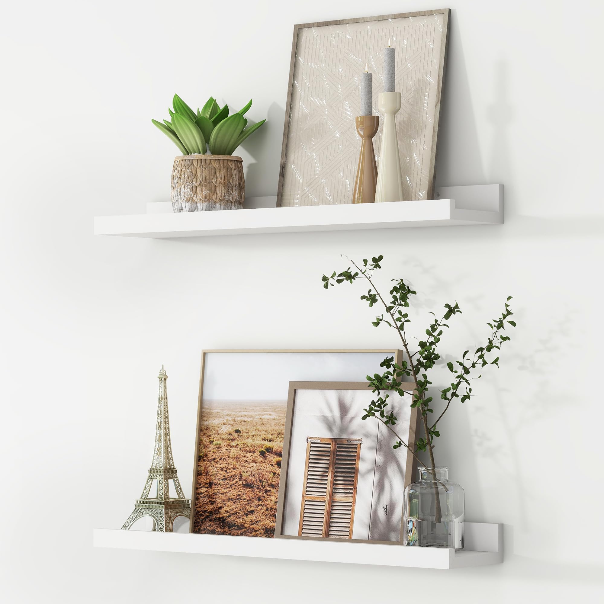 FLYJOE 60 cm Floating Shelves, Picture Ledge Shelf, Nursery Book Shelves for Toys Storage, Kids Bookshelf Wall Mounted for Living Room Bedroom Decor Books Photo Frames, White, Set of 2