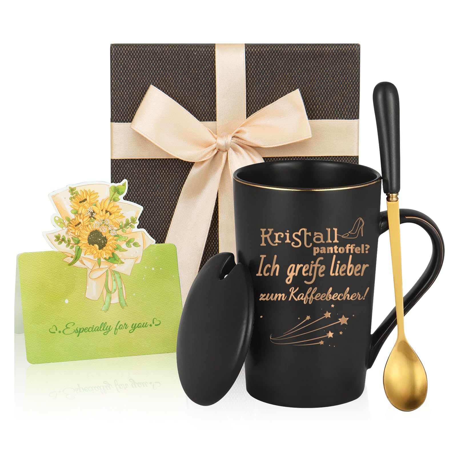 Geschenk für Freundin – Tasse mit Spruch „Kristallpantoffel? Ich greife lieber zum Kaffeebecher!“ | 400 ml Keramik Marmorbecher mit Deckel, Löffel & Geschenkbox | Geschenkidee zu Weihnachten
