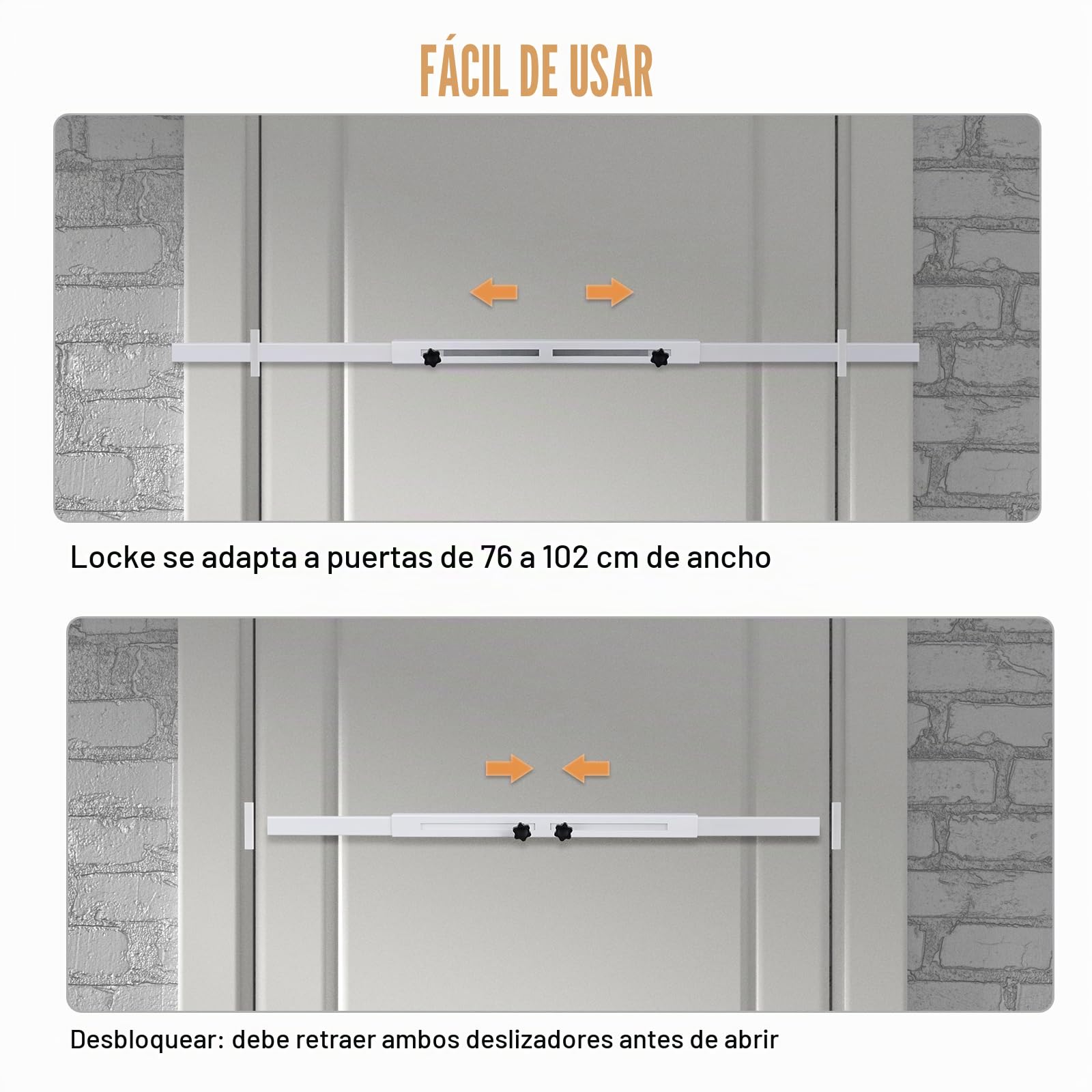 Barra de seguridad para puerta (blanco, resistente), uso como barra de seguridad para puerta, cerradura de refuerzo de puerta, protege la seguridad de toda la puerta. Se adapta a puertas de 76-99 cm