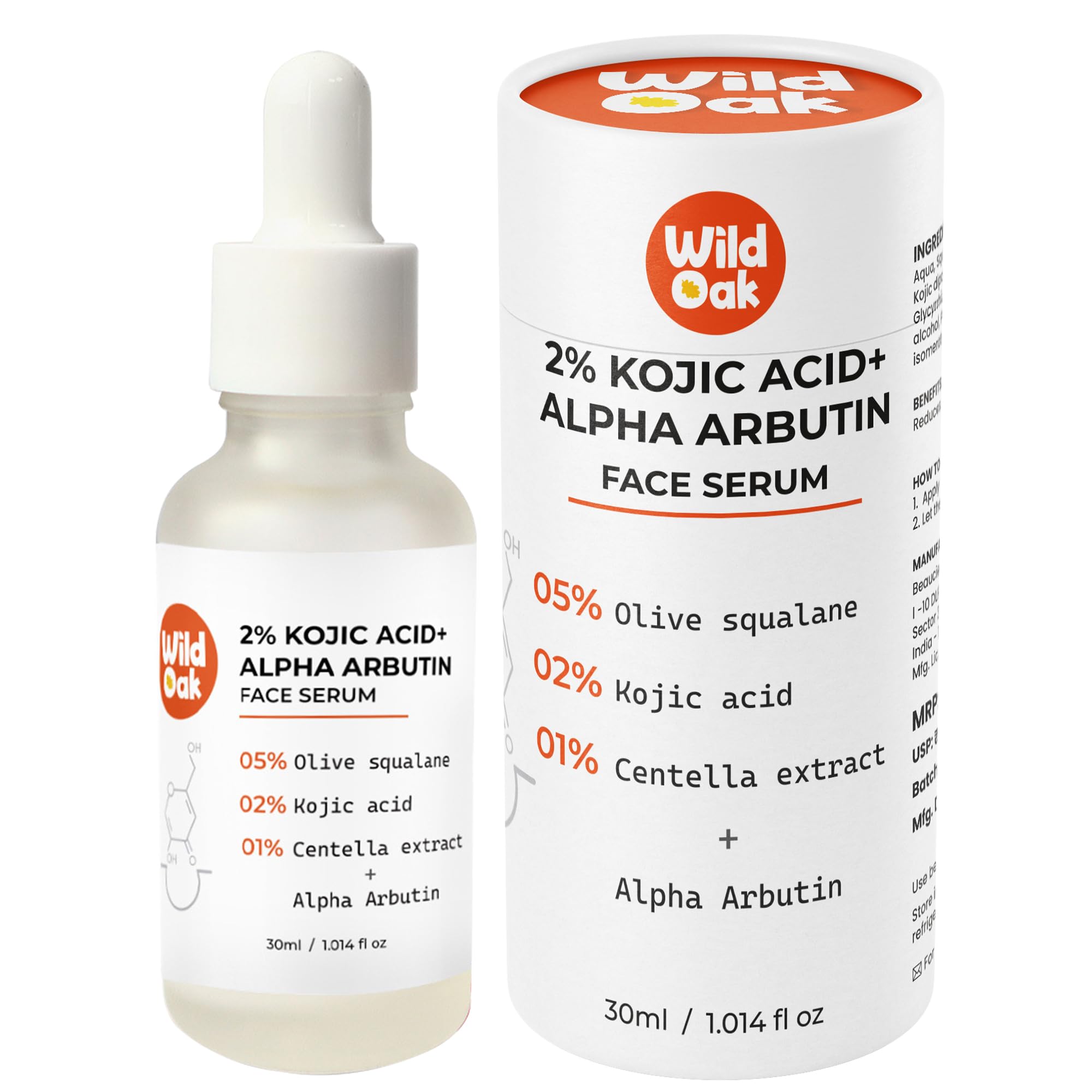 WildOak 2% Kojic + Alpha Arbutin Face Serum for Hyperpigmentation & Dark Spots | Centella for Powerful Skin Barrier | Brightening & Sun Damage | Skin Glow & Repair Formula | 30ml
