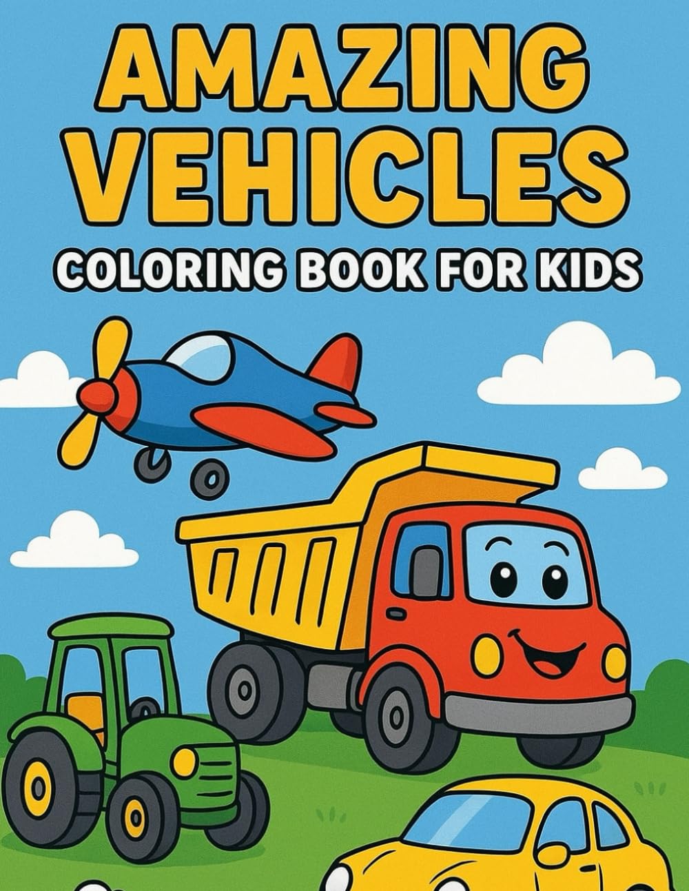Amazing Vehicles Coloring Book for Kids: 50 Fun Black-and-White Transportation Illustrations with Bold Outlines for Easy Coloring