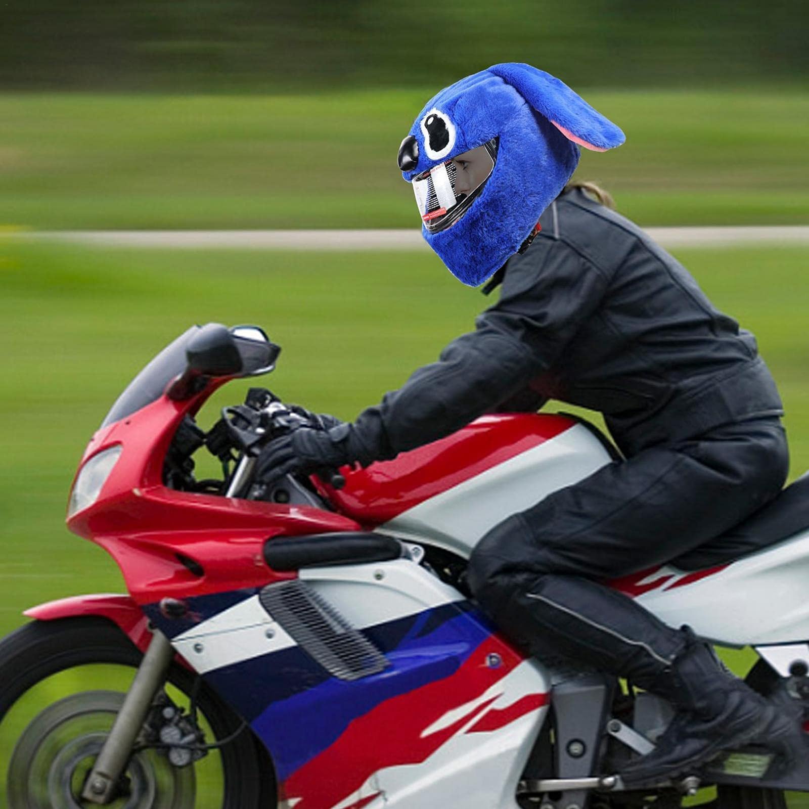 Housse de casque de moto pour homme et femme, housse en peluche, motif dessin animé, intéressant, bleu (casque non inclus)