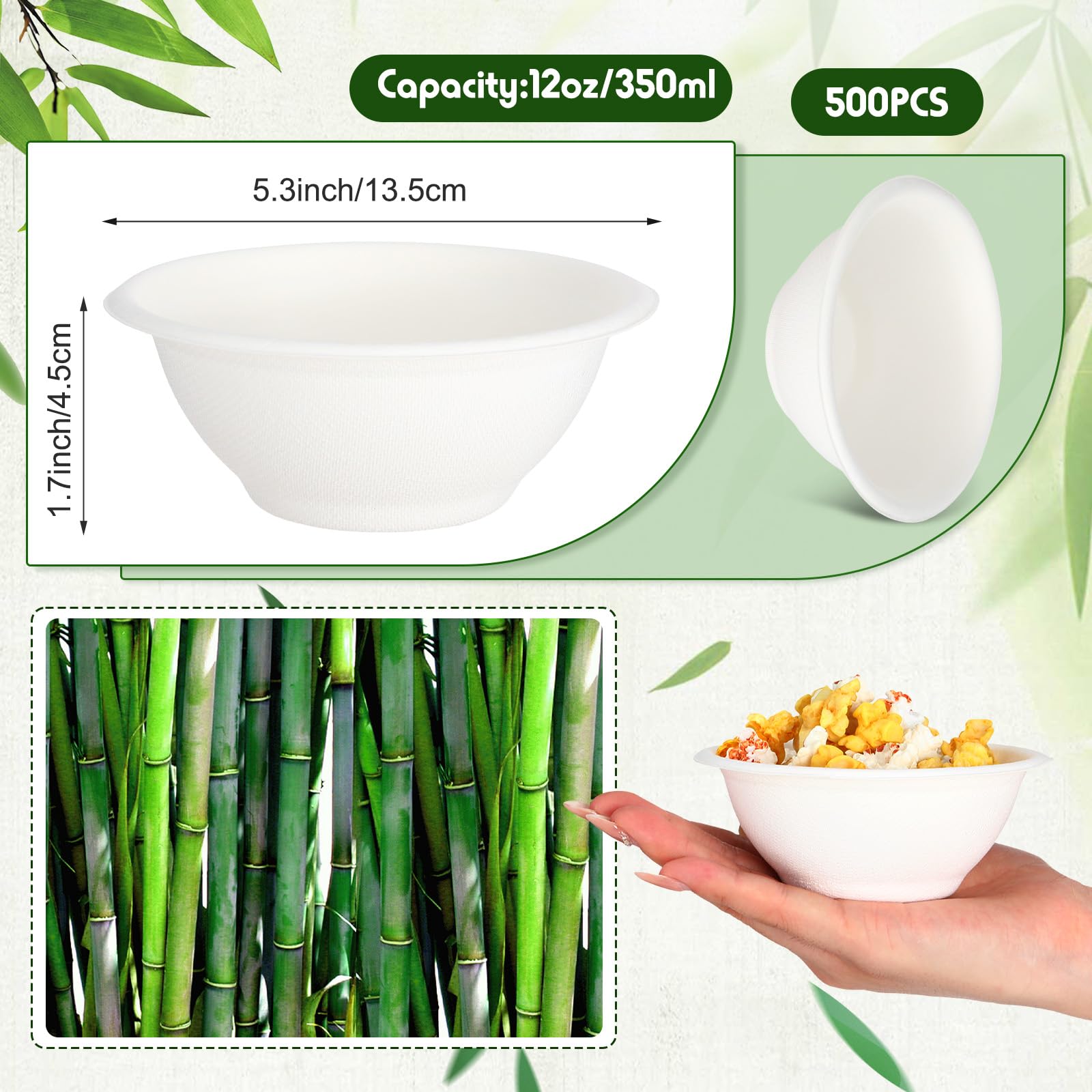 Dandat Paquete de 500 cuencos de papel desechables de 12 onzas, cuencos de fibra de bagazo natural para salsas, ensaladas, postres, sopa fría y caliente