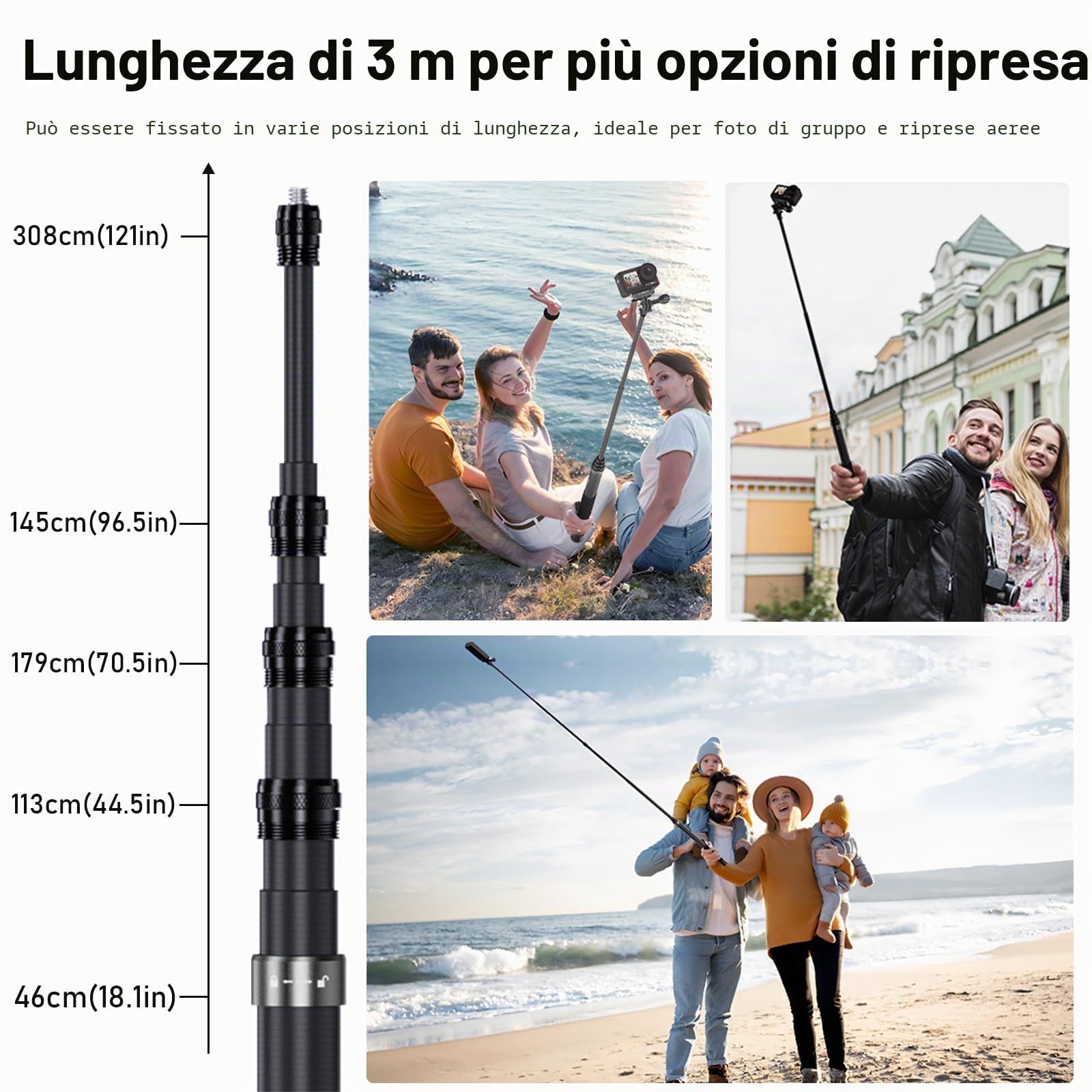 Wiseten 3M/300CM Bastone per Selfie in Fibra di Carbonio er Insta 360 X5 X4 X3 DJI Osmo Pocket 3/4, Ultra Lungo Invisibile Selfie Stick Monopiede Asta con Adattatore per GoPro Hero 13 12 11 10 Black