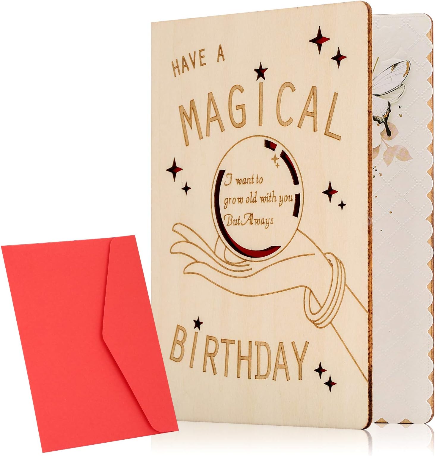 Wooden Wife Birthday Card,Birthday Card for Wife Luxury and Romantic,Happy Birthday Wife Cards from Husband, Wooden Greeting Cards for Wife's Birthday,Handmade Wood Cards with Envelope