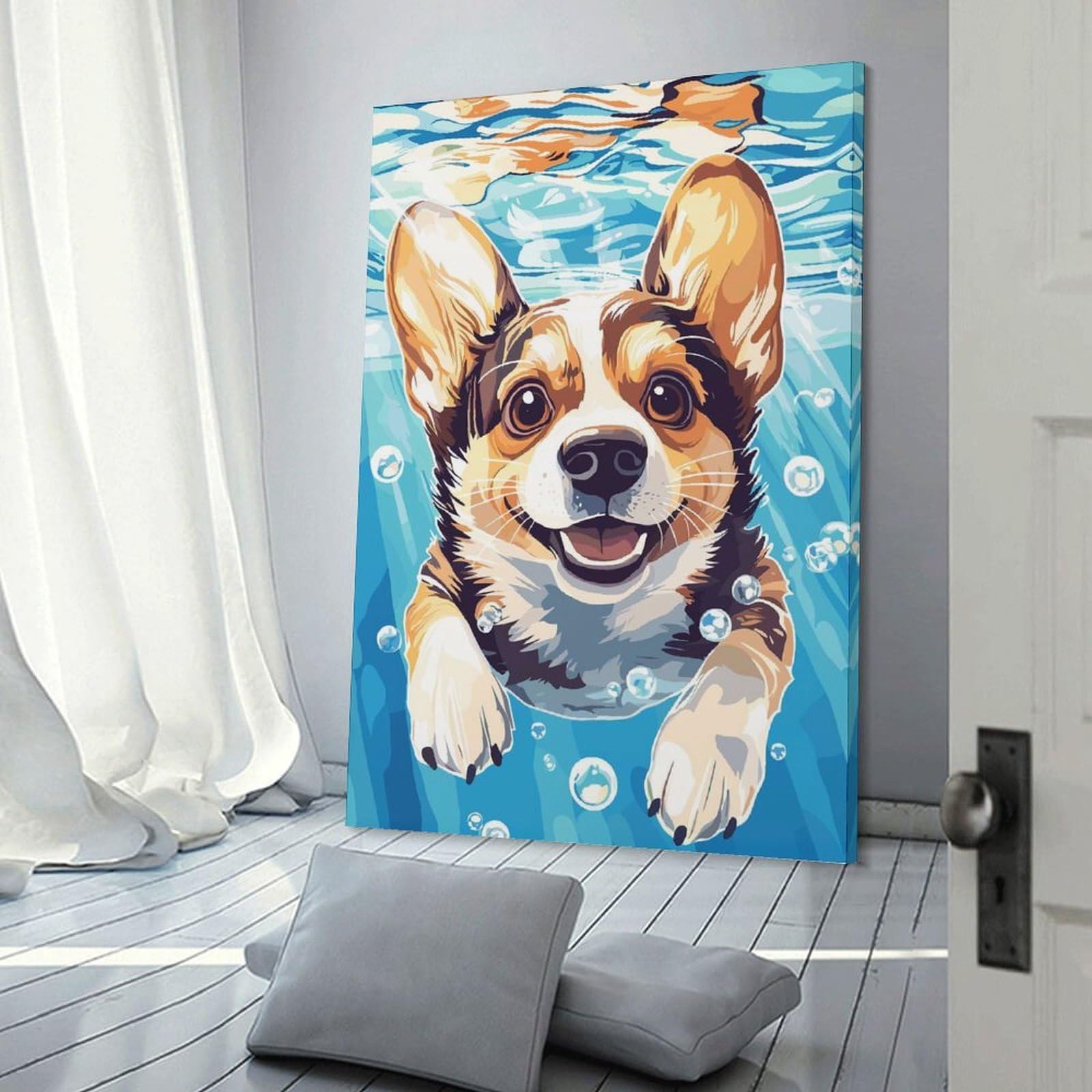 Junmoney Frame-Style Home Decor Wall Art Corgi Swimming Underwater, 20X30inch(50X75cm), For Bedroom Decor, Cosy Corners Or Studios, Decorative Wall Art For Cosy Rooms