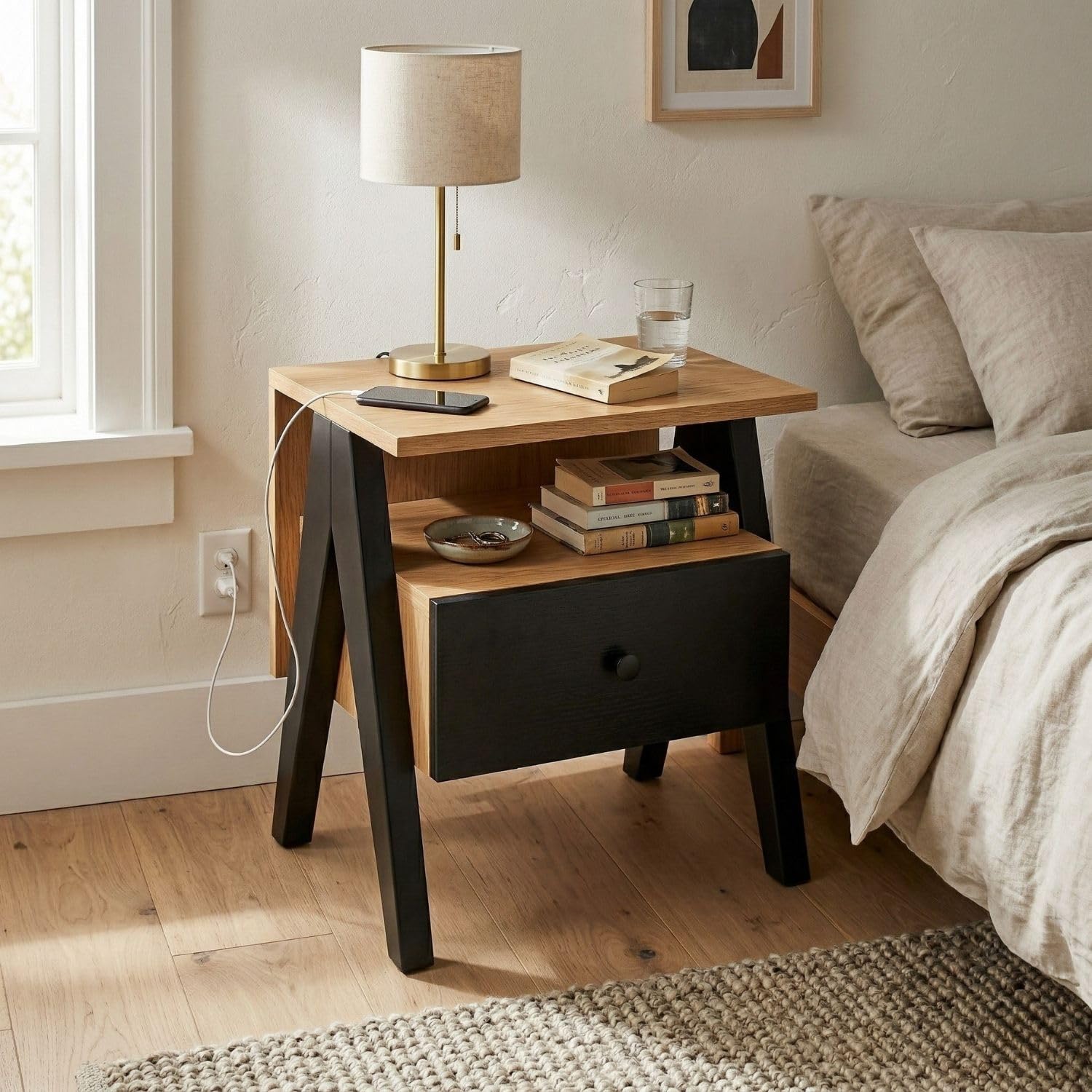 FFO Modern Bedside Table with Drawer & Open Shelf, Wooden Top with Metal Frame, Compact Nightstand for Bedroom, Side Table with Storage, End Table for Living Room (45x35x40 cm, Oak Finish & Black).-image-29