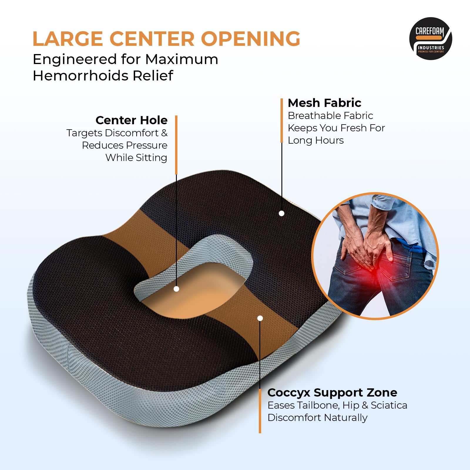 CareFoam Memory Foam Donut Pillow for Tailbone Pain-Coccyx Seat Cushion for Chair-Hemorrhoid & Piles Pillow | Orthopedic Coccyx Ring Pillow | 18 x 14 x 3 Inch | Premium Mesh Washable Outer Cover - Image 2 thumbnail