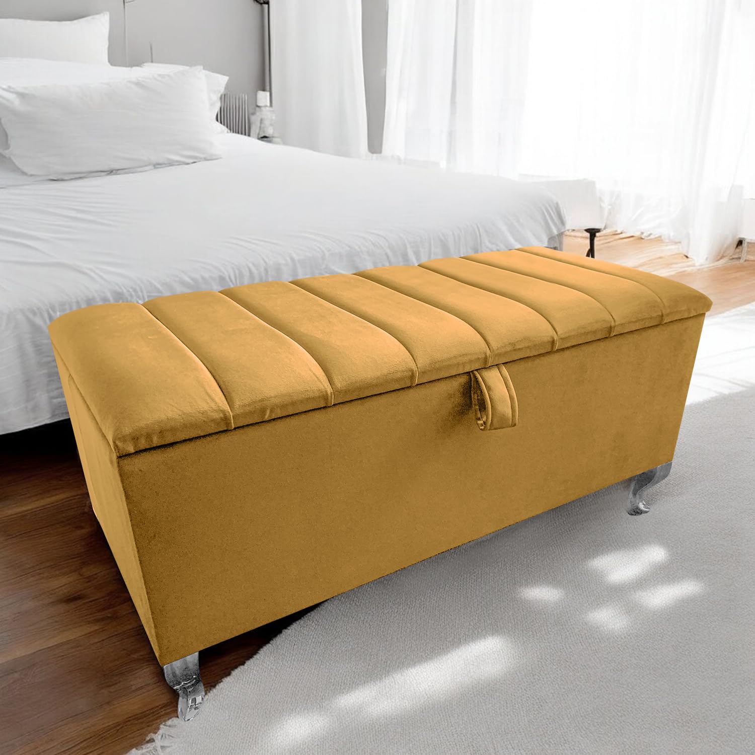 Harveys Living 102cm Panel Velvet Storage Ottoman, Silver Legs, Silver Legs, Mustard