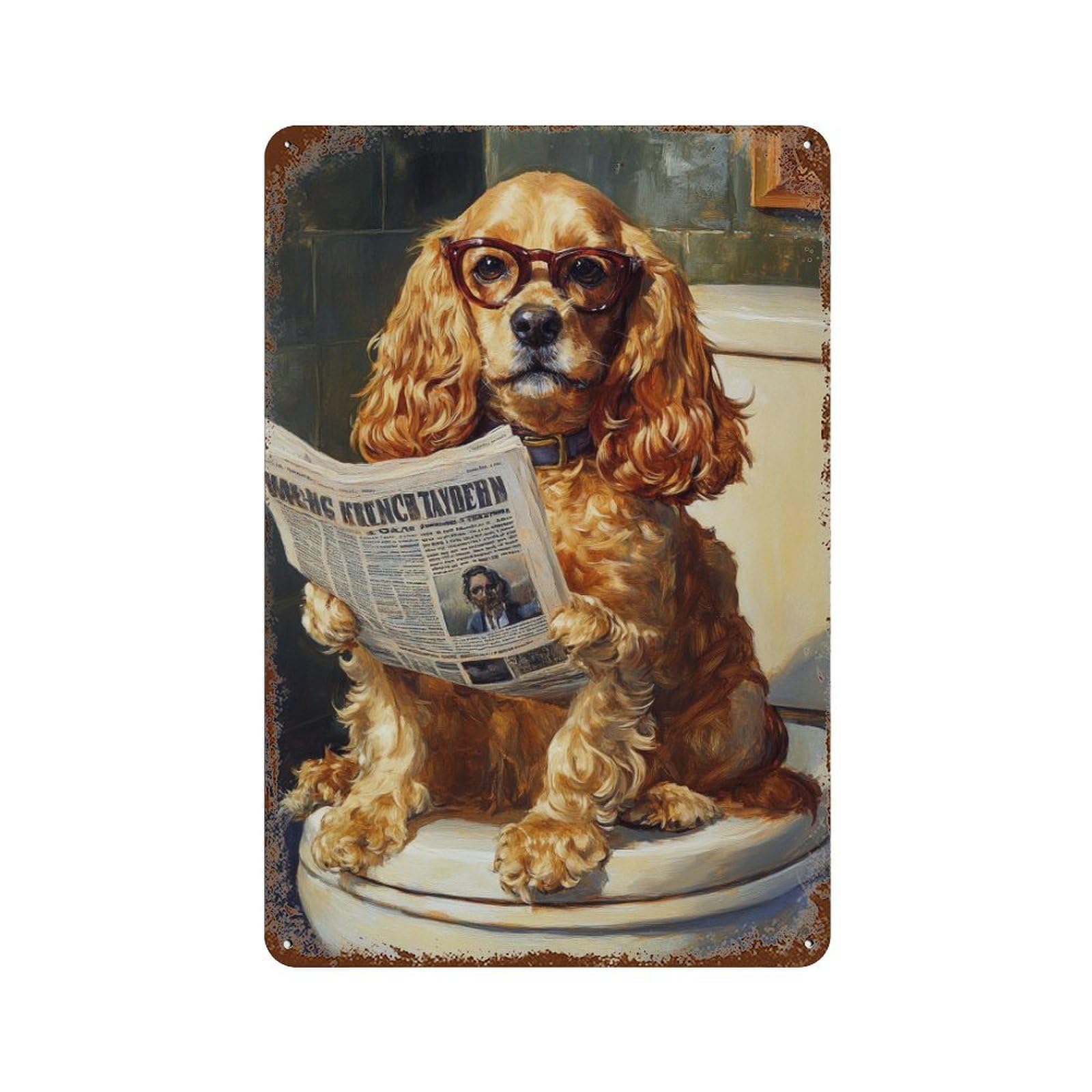 Rusty Metal Tin Sign with Dog Reading Newspaper on Toilet-26 Design 11.8"x7.9", for Farmhouse, Kitchen And Entryway Decor, Classic Wall Plaque