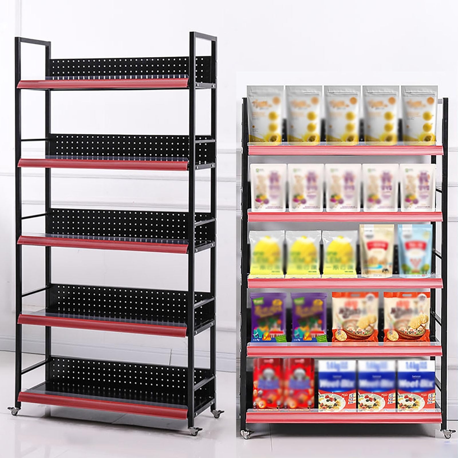 METTEOR Snack Storage Rack,Snack Organizer with 4 Hooks And 4 Wheels, Fruit Vegetable Basket for Store 3/4/5 Layer Stackable Steel Storage Baskets Organizer Cart, for Kitchen Pantry Bathro (Black 80